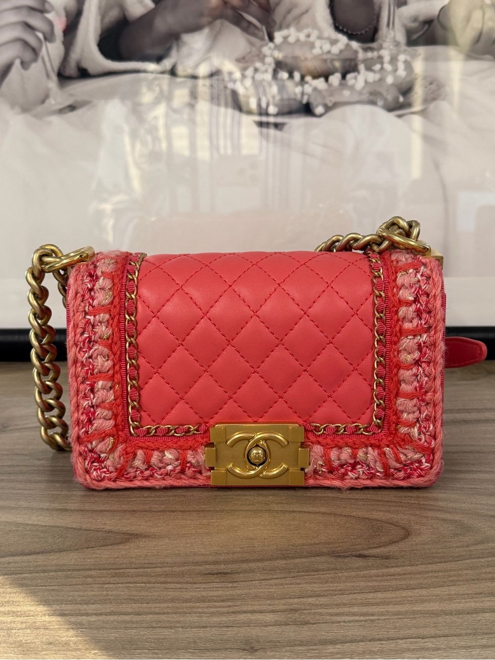 Chanel Pink Braided Tweed Boy Flap Small Pink